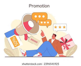 Promotion concept. Cheerful consumer engaging with exciting brand offers. Dynamic advertising campaign and rewarding customer loyalty. Flat vector illustration