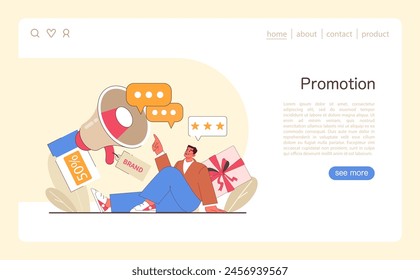 Concepto de promoción. Alegre consumidor que se compromete con ofertas de marcas emocionantes. Campaña publicitaria dinámica y recompensa la lealtad del Cliente. Ilustración vectorial plana