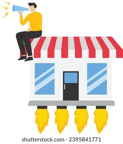 Promotion concept to increase sales, businesswoman promoting her shop with flying booster rocket, encouraging customers to visit storefront or e-commerce performance, advertising to increase profits.
