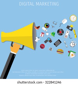 Promotion concept. Loudspeaker for website banners flat design.