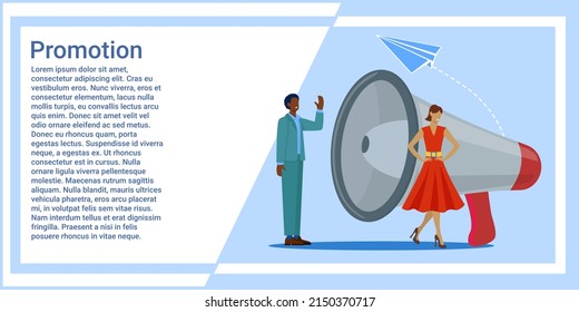 Promotion.The concept of promoting goods and services.People on the background of a large megaphone are engaged in advertising and promotion.Vector illustration.