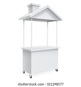 Promotion counter on wheels and a triangular roof with a chimney, Retail Trade Stand Isolated on the white background. MockUp Template for Your Design. Vector illustration.