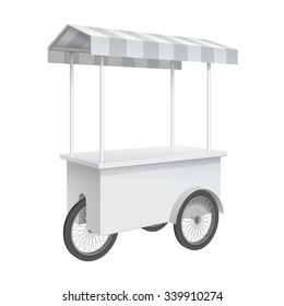 Promotion counter on wheels and a triangular roof covered with striped awning, Retail Trade Stand Isolated on the white background. MockUp Template For Your Design. Vector illustration.