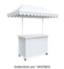 Promotion counter on wheels and a triangular roof covered with awning, Retail Trade Stand Isolated on the white background. MockUp Template For Your Design. Vector illustration.