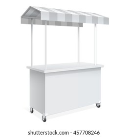 Promotion counter on wheels and a triangular roof covered with striped awning, Retail Trade Stand Isolated on the white background. MockUp Template For Your Design. Vector illustration.