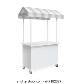 Promotion counter on wheels and a triangular roof covered with striped awning, Retail Trade Stand Isolated on the white background. MockUp Template For Your Design. Vector illustration.