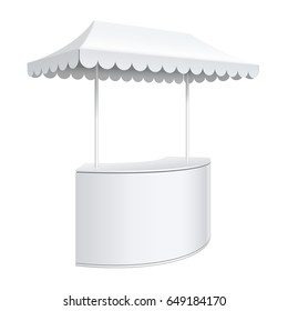 Promotion counter on wheels and a triangular roof covered with awning, Retail Trade Stand Isolated on the white background. MockUp Template For Your Design. Vector illustration.