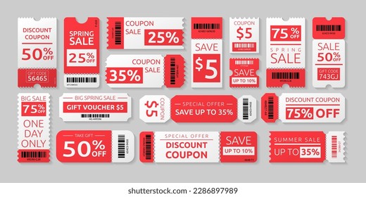 Promotion coupon, ticket with sales with barcode or QR code. Discount card and voucher, blank gift paper template, gift certificate. Labels with separated lines. Vector garish illustration