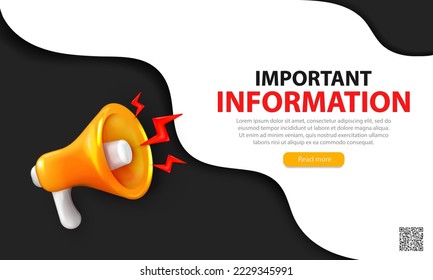 Promotion dark web banner with realistic yellow loudspeaker shouting an important information Editable template of landing page with 3d megaphone for advertising