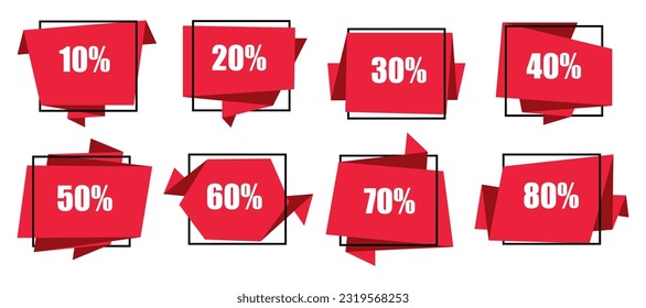 Promotion discount red banner ribbon with 10, 20, 30, 40, 50, 60, 70, 80 percent discount
