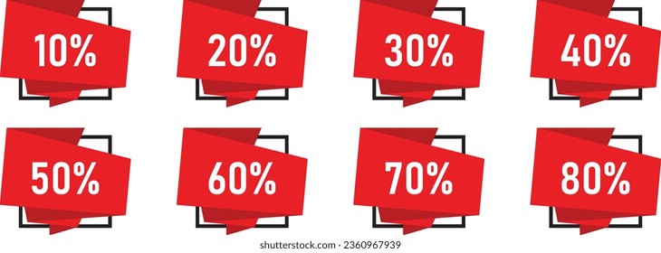 Promotion discount red tag, banner, ribbon with 10, 20, 30, 40, 50, 60, 70, 80 percent off. Vector illustration