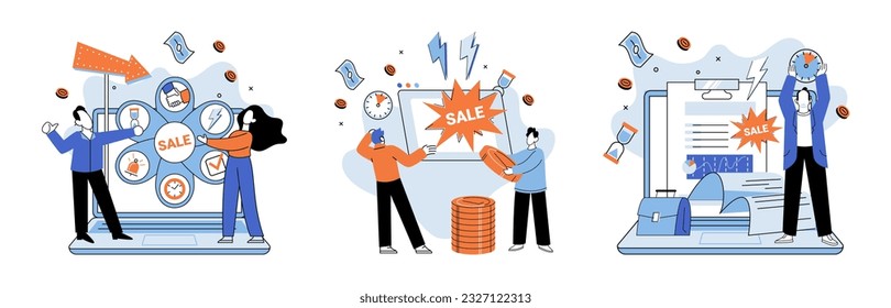 Promotion discount sale. Vector illustration. Flash sale online, sprint in marathon of e-commerce Sales index, seismograph detecting market shifts Forecast of future sales, oracle revealing business