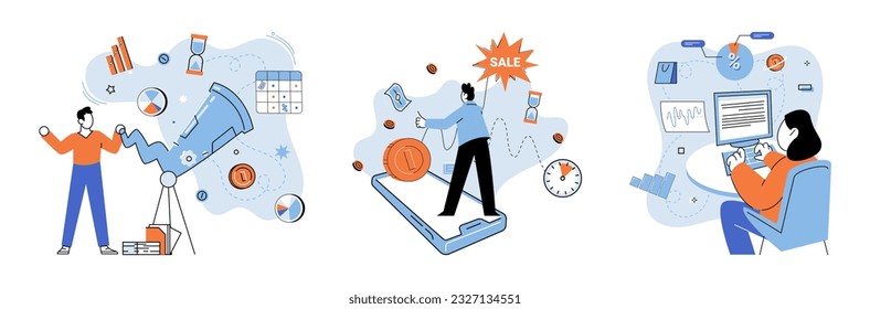 Promotion discount sale. Vector illustration. Forecast of future sales, lighthouse guiding business decisions Flash sale online, unexpected carnival in world of online shopping Sales index, compass