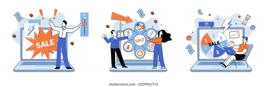 Promotion discount sale. Vector illustration. Forecast of future sales, oracle revealing business probabilities Flash sale online, lightning bolt in calm online market sky Sales index, scoreboard