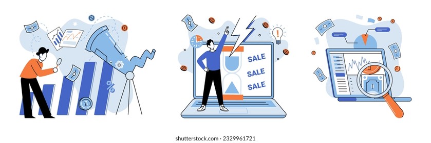 Promotion discount sale. Vector illustration. Forecast of future sales, oracle revealing business probabilities Flash sale online, lightning bolt in calm online market sky Sales index, scoreboard