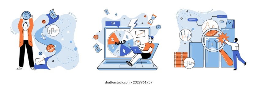 Promotion discount sale. Vector illustration. Flash sale online, gold mine in terrain of online shopping Sales index, stethoscope listening to heartbeat of market Forecast of future sales