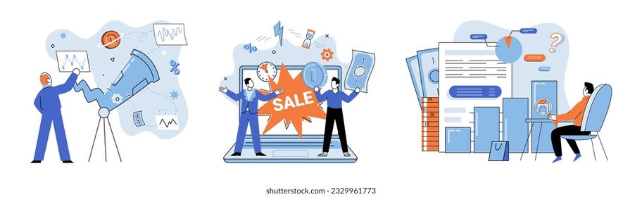 Promotion discount sale. Vector illustration. Sales index, compass that points towards market trends Forecast of future sales, time machine projecting potential earnings Flash sale online, sprint