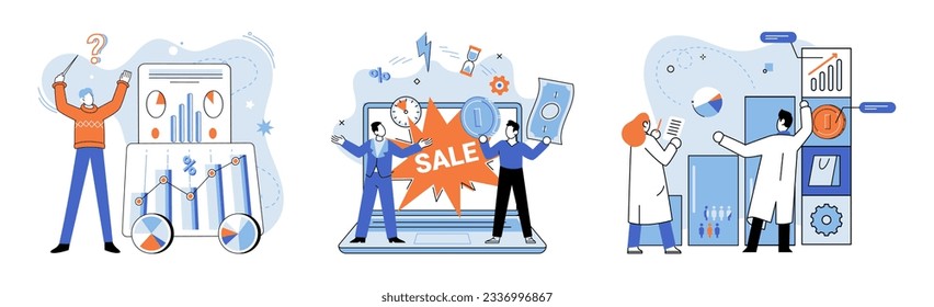 Promotion discount sale. Vector illustration. Flash sale online, sudden downpour in desert of regular prices Sales index, measuring scale of market dynamics Forecast of future sales, beacon of light