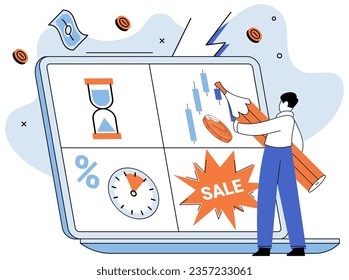 Promotion discount sale. Vector illustration. Sales index, scoreboard displaying business performance Forecast of future sales, fortune teller predicting revenue possibilities Flash sale online