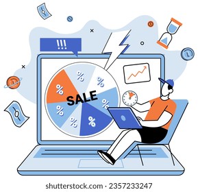 Promotion discount sale. Vector illustration. Flash sale online, gold mine in terrain of online shopping Sales index, stethoscope listening to heartbeat of market Forecast of future sales