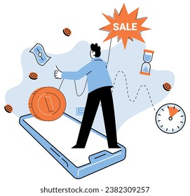 Promotion discount sale. Vector illustration. Flash sale online, sprint in marathon of e-commerce Sales index, seismograph detecting market shifts Forecast of future sales, oracle revealing business