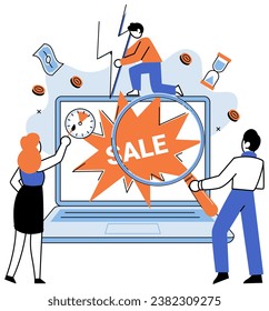 Promotion discount sale. Vector illustration. Flash sale online, rocket launch in world of steady e-commerce Sales index, DNA test of market identity Forecast of future sales, blueprint of business
