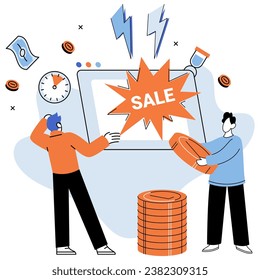 Promotion discount sale. Vector illustration. Forecast of future sales, oracle revealing business probabilities Flash sale online, lightning bolt in calm online market sky Sales index, scoreboard