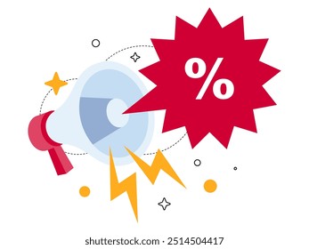 Promotion and discount vector illustration with megaphone and red text box featuring percentage symbol and lightning bolt