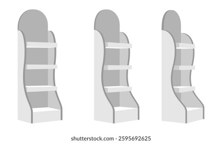 promotion display shelf set, side view, vector illustration isolated on white background.