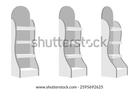 promotion display shelf set, side view, vector illustration isolated on white background.