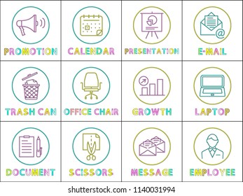Promotion and documents set of icons and text font. E-mail and office chair trash can and laptop. Growth and presentation employee and message vector