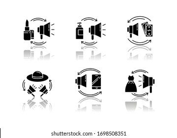 Promotion drop shadow black glyph icons set. Barter as digital marketing strategy. Buy advertisement with money. Exchange product for exposure. Isolated vector illustrations on white space