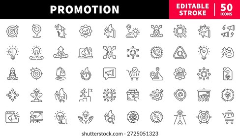 Conjunto de iconos de línea editables de promoción. símbolos de marketing y marca