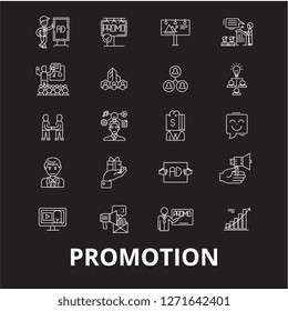 Promotion editable line icons vector set on black background. Promotion white outline illustrations, signs, symbols