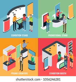 Promotion equipment vector flat isometric poster, banner set. Exhibition stand, Promotional stand, Promo counters, Exhibition booth concept design elements.