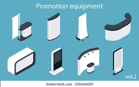 Promotion Equipment Vector Icon Set. Isometric White Blank Exhibition Display Stand, Trade Show Booth, Flag Banner Mockup Set.