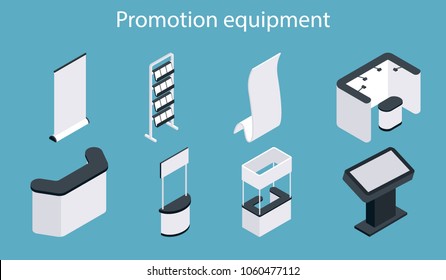 Promotion equipment vector icon set. Isometric white blank exhibition display stand, trade show booth, promotion counter mockup set.