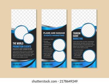 promotion event marketing roll up banner design template. poster design with space of photo and text. vertical print ready. Combination of blue grey gradient on element and black background