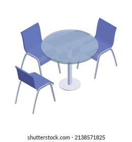 Promotion exhibition expo stands isometric composition with isolated image of chairs and table on blank background vector illustration