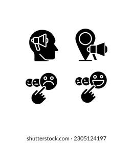Promotion and feedback black glyph icons set on white space. Neuromarketing technique. Local marketing. Client satisfaction. Silhouette symbols. Solid pictogram pack. Vector isolated illustration