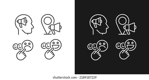 Promotion and feedback pixel perfect linear icons set for dark, light mode. Neuromarketing. Local marketing. Thin line symbols for night, day theme. Isolated illustrations. Editable stroke
