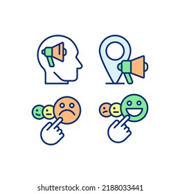 Iconos de color RGB perfectos para la promoción y la retroalimentación de píxeles. Neuromarketing. Comercialización local. Satisfacción del cliente. Ilustraciones vectoriales aisladas. Colección de planos de línea simple rellena. Trazo editable