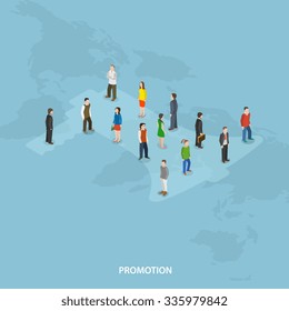 Promotion flat isometric vector concept. People stay on silhouette of loudspeaker. Media marketing, advertising, announcement.