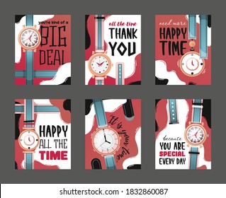 Promotion flyers design with watches vector illustration. Gradient graphic elements on background and text. Time management and deal concept. Template for promotional poster or advertising sticker