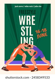 Promotion of freestyle wrestling match. Greco roman fighters during battle on advertising poster. Professional wrestlers are in fight. Athletes competition on sport event. Flat vector illustration