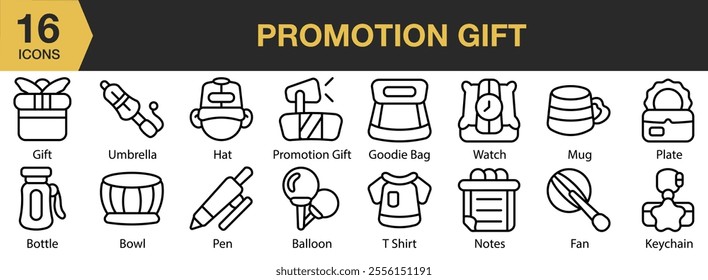 Promotion Gift icon set. Includes goodie, watch, bag, note, mug, plate, fan, tshirt, balloon, and More. Outline icons vector collection.