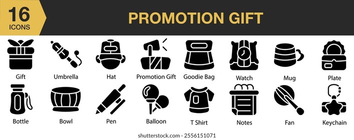 Promotion Gift solid icon set. Includes goodie, watch, bag, note, mug, plate, fan, tshirt, balloon, and More. Solid icons vector collection.