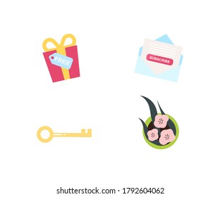 Promotion gifts flat color vector objects set. Free present box. Subscription letter. Flowers bouquet. Golden key. Isolated cartoon illustration for web graphic design and animation collection