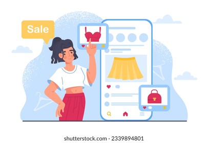 Promotion of goods concept. Woman in yellow skirt and white Tshirt buys red top. Electronic commerce and online shopping, home delivery. Fashion, trend and style. Cartoon flat vector illustration