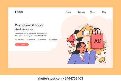 Promoción del concepto de bienes y servicios. Un especialista en marketing aprueba el impacto de los anuncios, rodeado de símbolos de publicidad exitosa y compromiso del consumidor. Ilustración vectorial plana.